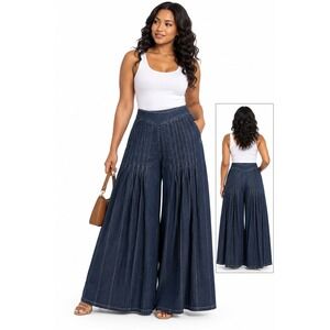 Fancy Dream Women Dark Blue Pleated Extra Wide Leg Palazzo Pants High Rise Small